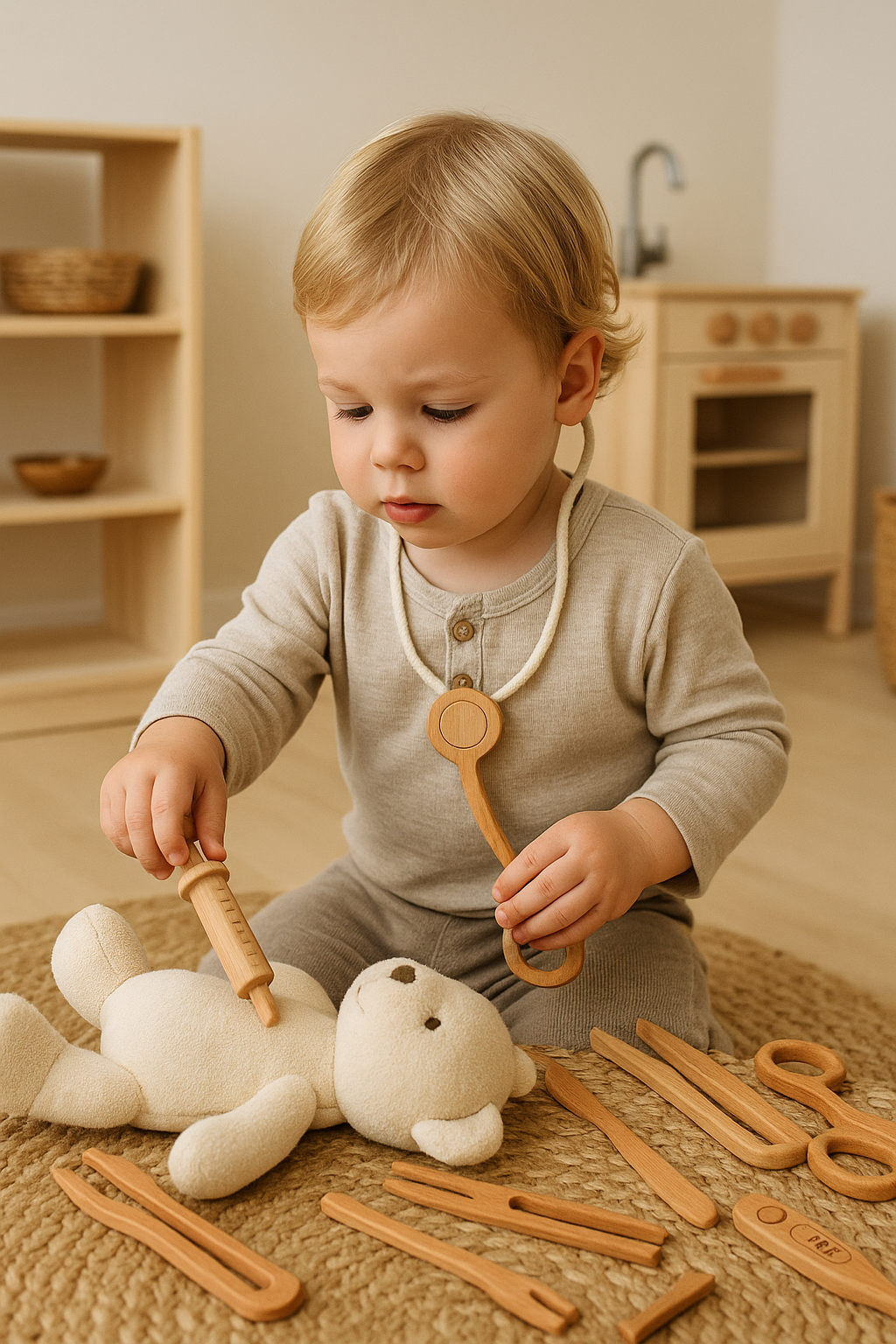 Child checking a teddy bear with the Avenlur toy doctor kit