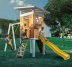 Avenlur Forest modern wooden swing set with playhouse, slide and rock wall