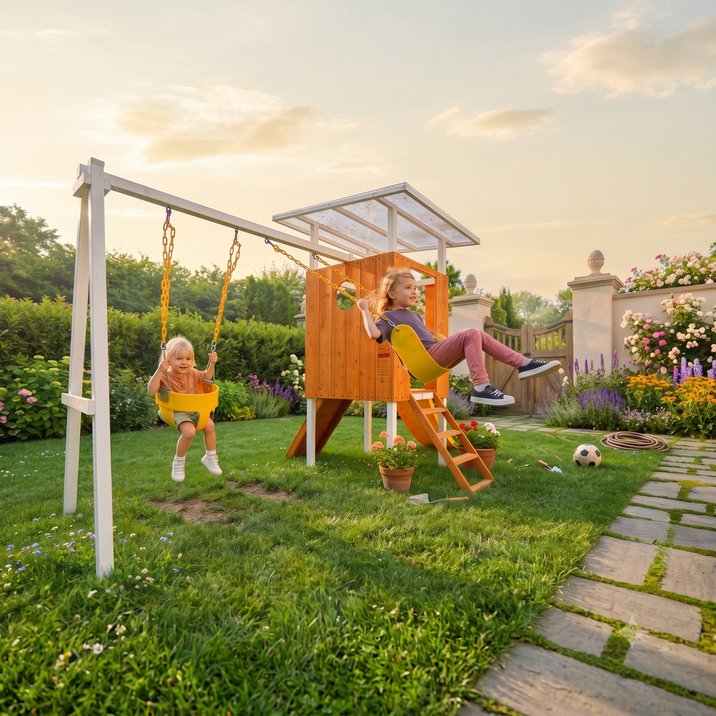 Avenlur Forest Small wooden swing set in a small backyard