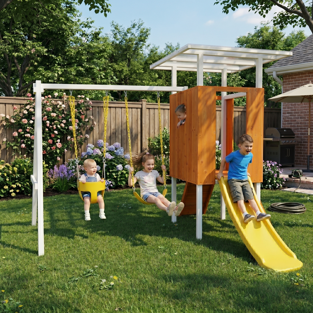 Toddler playing on the Avenlur Forest Small toddler swing set with playhouse