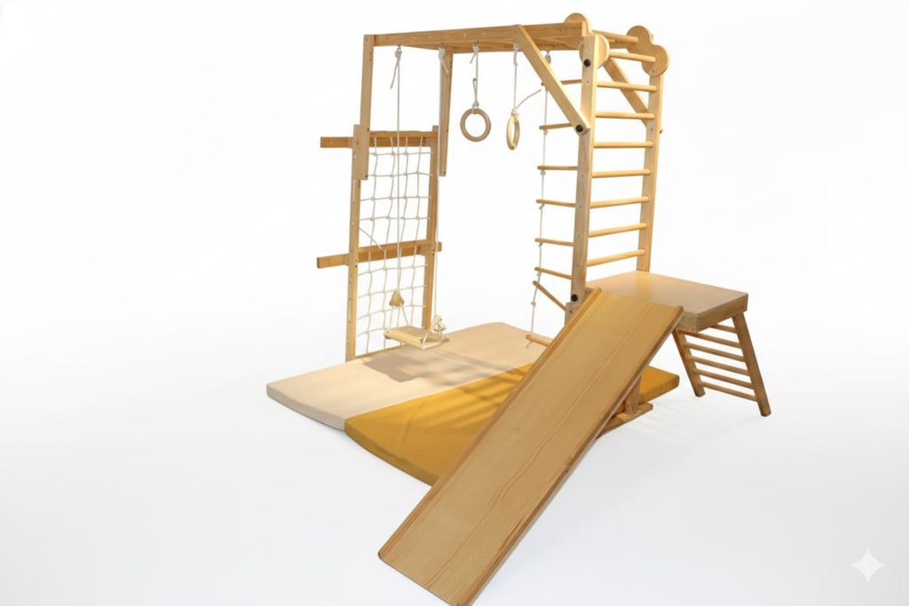 Avenlur Grove playset mat under the Grove foldable indoor jungle gym
