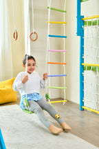 Child climbing the Avenlur Grove rainbow indoor climbing frame with rope ladder