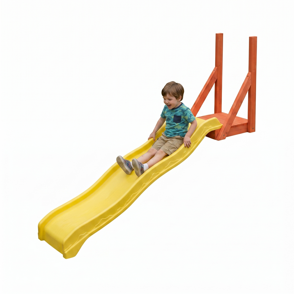 Child going down the Avenlur Hawthorn slide attachment on a backyard playset