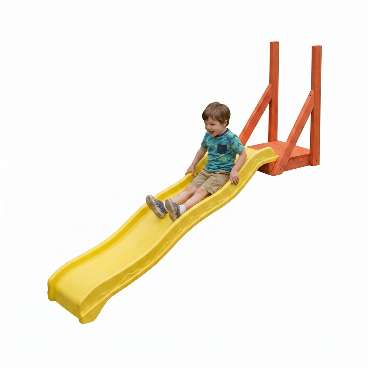 Child going down the Avenlur Hawthorn slide attachment on a backyard playset