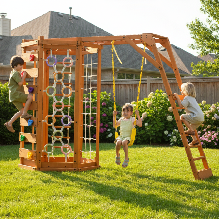 Children playing on the Avenlur Hawthorn wooden outdoor playground in a backyard