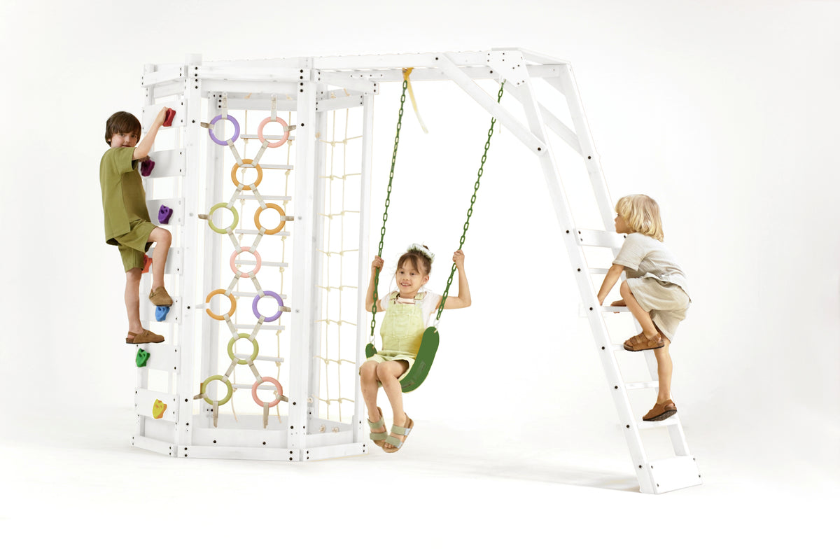 Avenlur Hawthorn XL white outdoor jungle gym with monkey bars and rock climbing wall