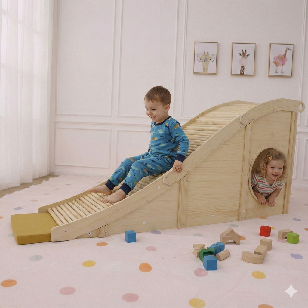 Avenlur Hickory indoor slide and climber in a playroom