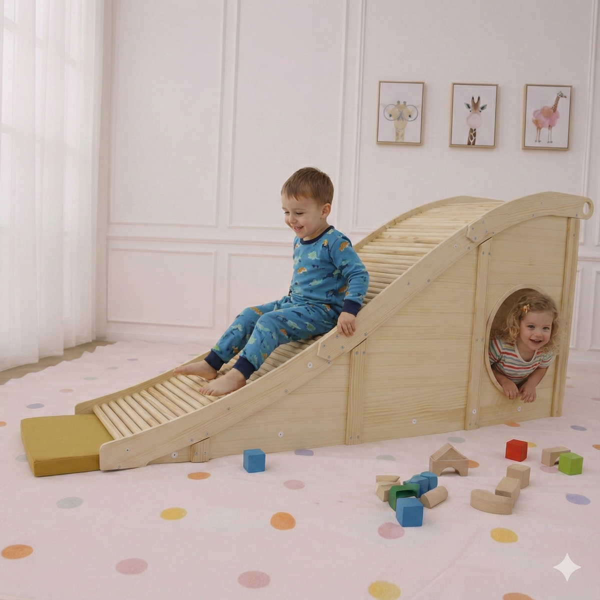Avenlur Hickory indoor slide and climber in a playroom