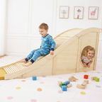 Kids playing on the Avenlur Hickory wooden slide and tunnel
