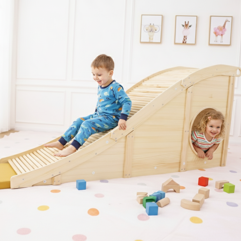 Kids playing on the Avenlur Hickory wooden slide and tunnel
