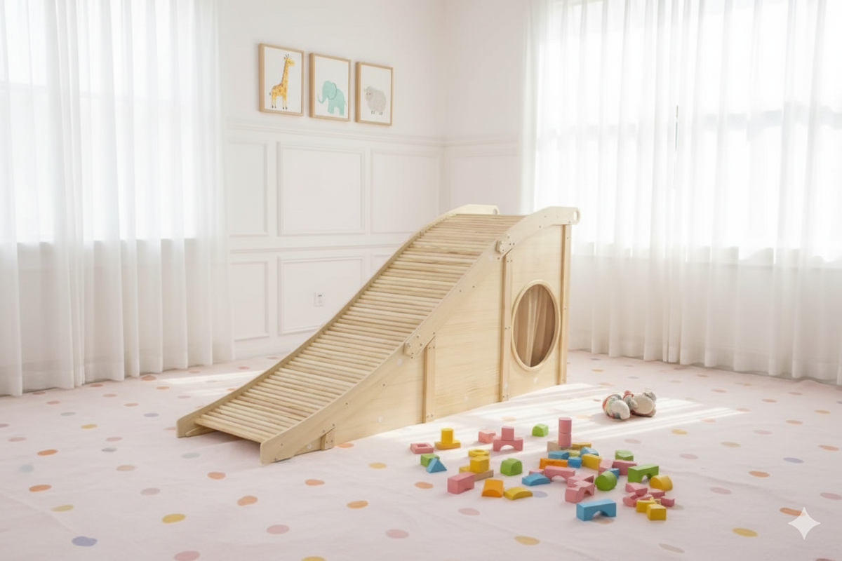 Toddler sliding down the Avenlur Hickory indoor slide