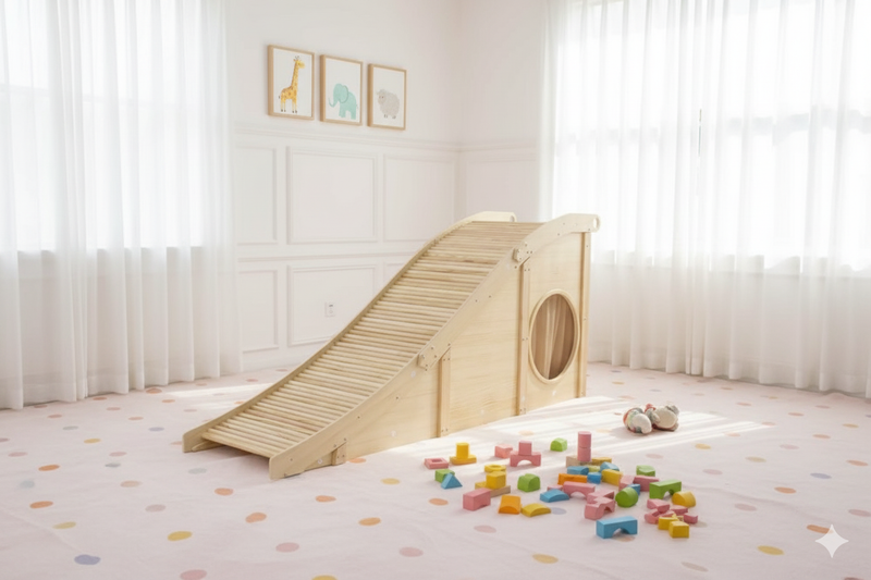 Toddler sliding down the Avenlur Hickory indoor slide