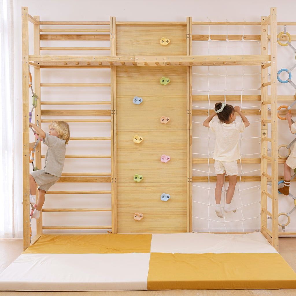 Avenlur indoor monkey bars for kids on a Walnut wall gym