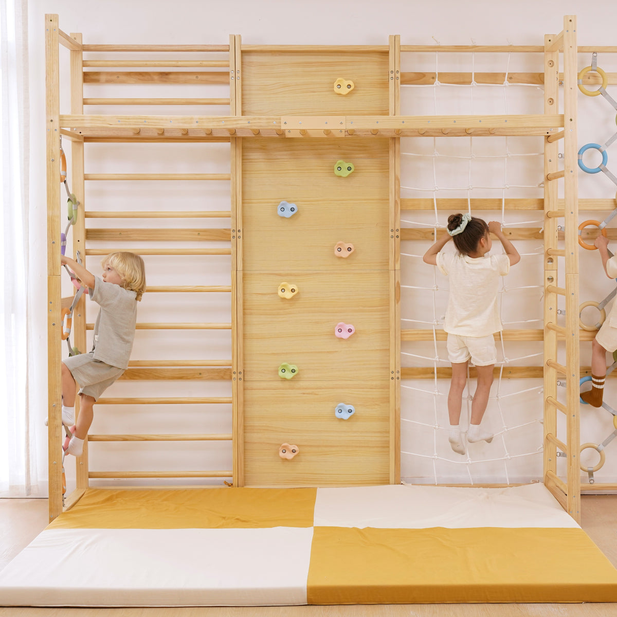Avenlur indoor monkey bars for kids on a Walnut wall gym