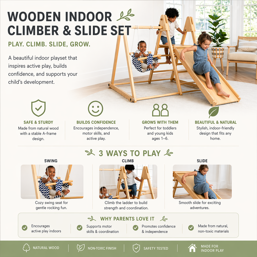 Avenlur Juniper wooden climber and slide set for toddlers at home