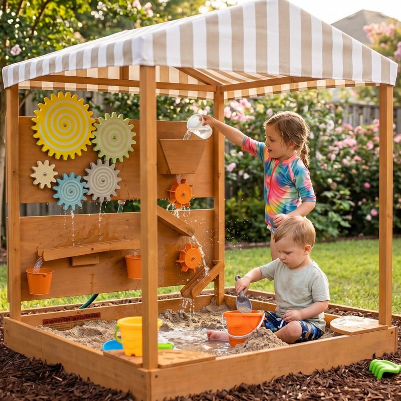 Kids playing at the Avenlur Koa outdoor sensory table and play market in the garden