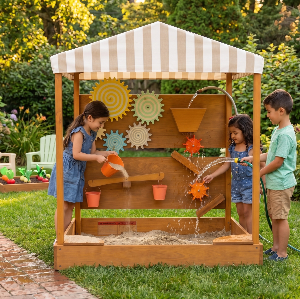 Children playing with the Avenlur Koa water wall in the backyard