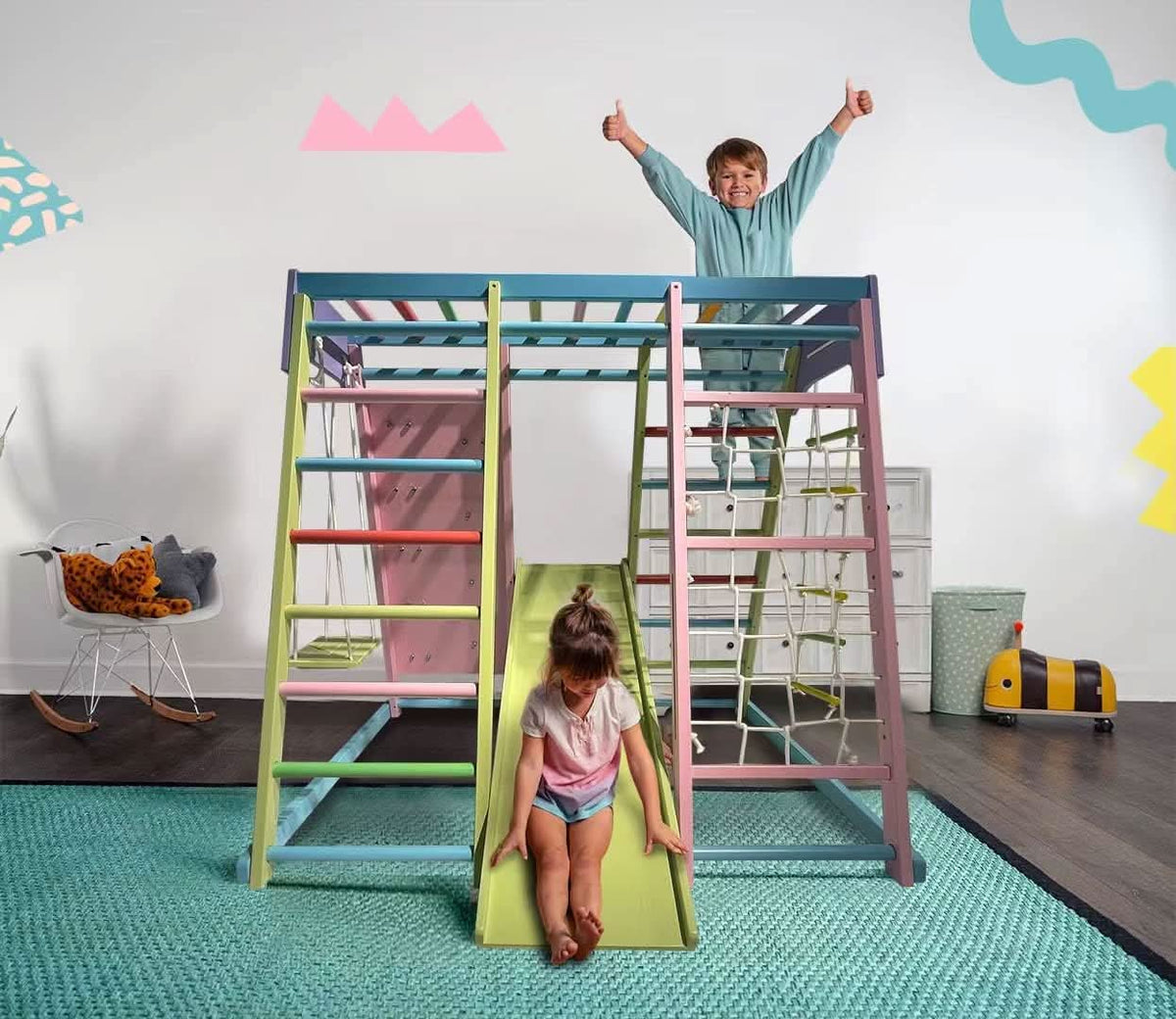 Avenlur Magnolia jungle gym for kids with rock wall, rope ladder and slide