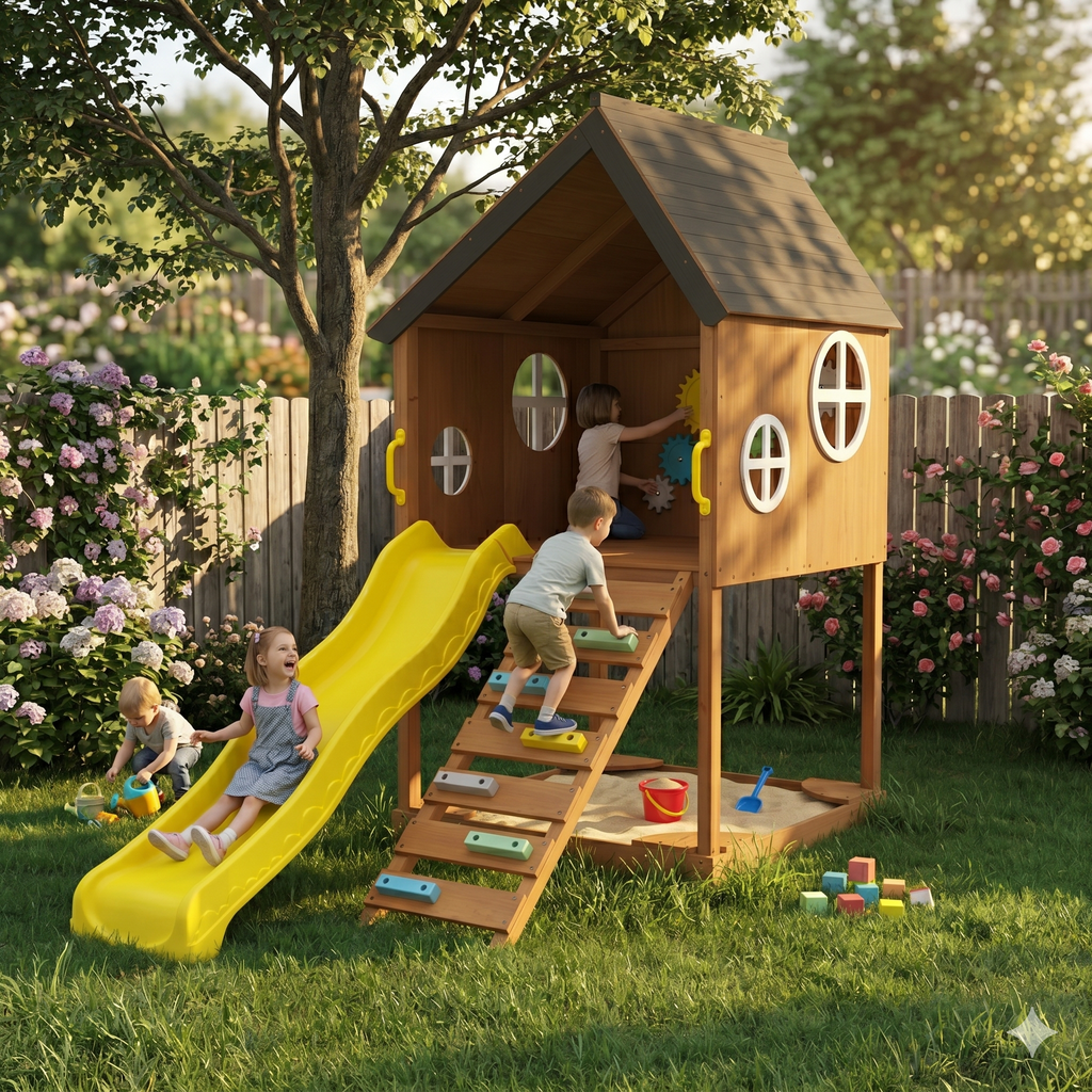 Avenlur Mimosa elevated wooden playhouse on a raised deck