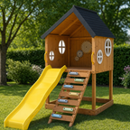 Avenlur Mimosa wooden outdoor playhouse with slide in the backyard