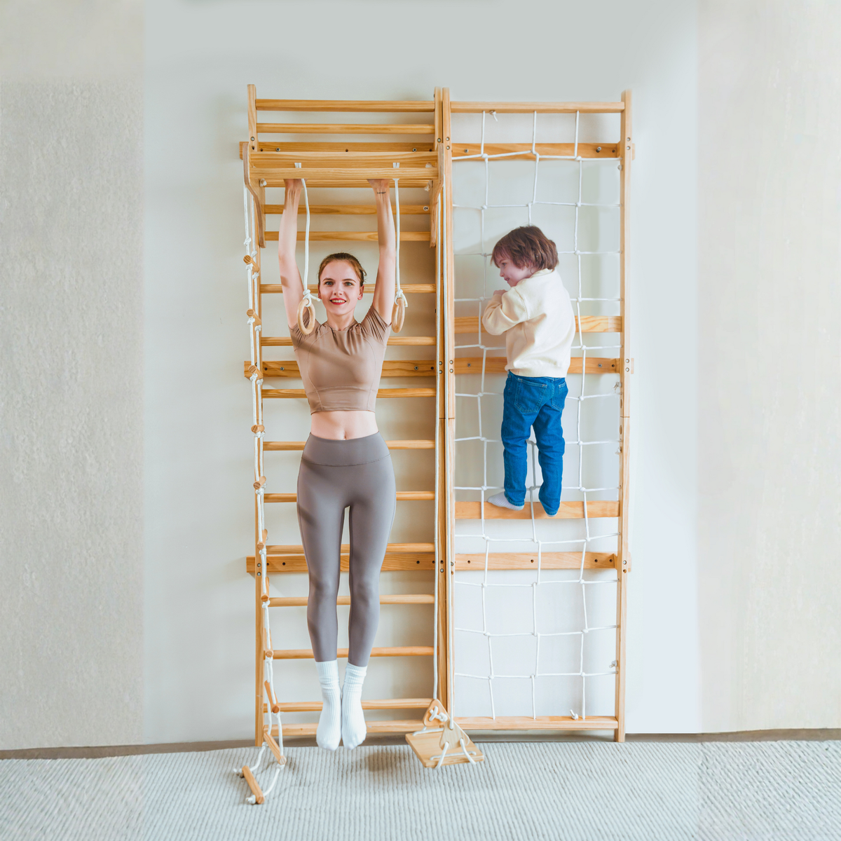 Avenlur Neem Swedish ladder and rope wall, an indoor wooden climber for kids