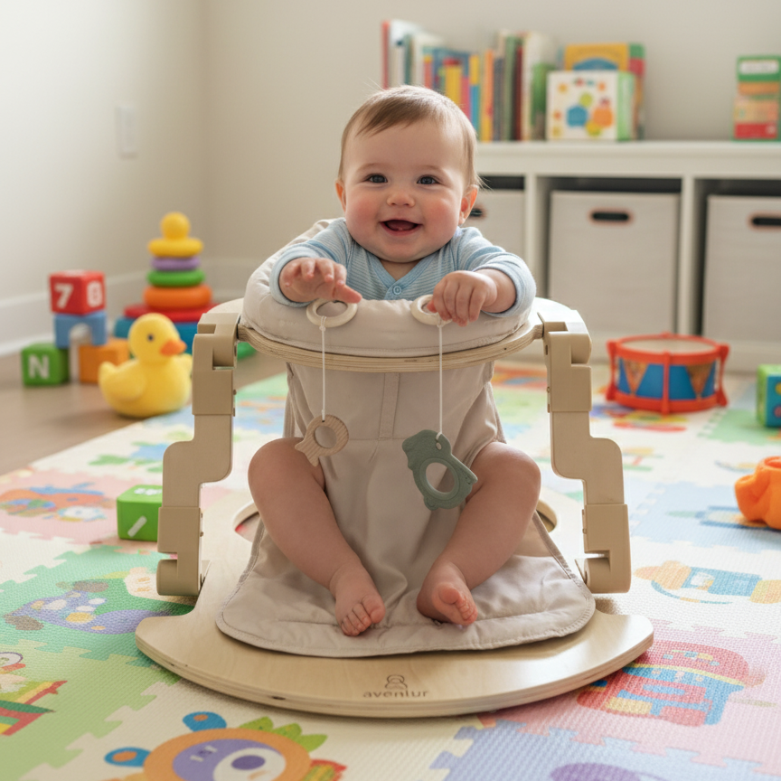 Baby sitting and playing in the Avenlur Oakling activity seat
