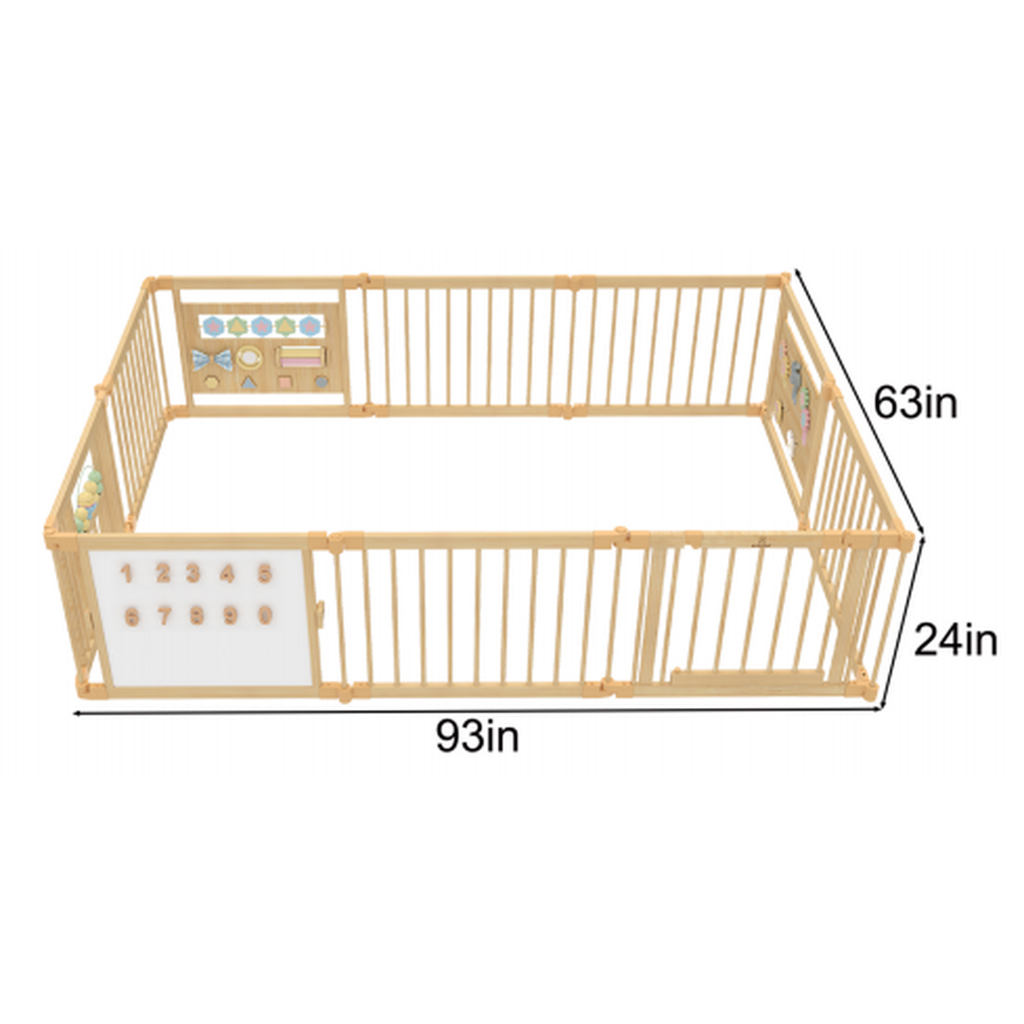 Avenlur 10-panel wooden baby playpen with mirror and whiteboard panel, 93 x 63 x 24 inch dimensions diagram
