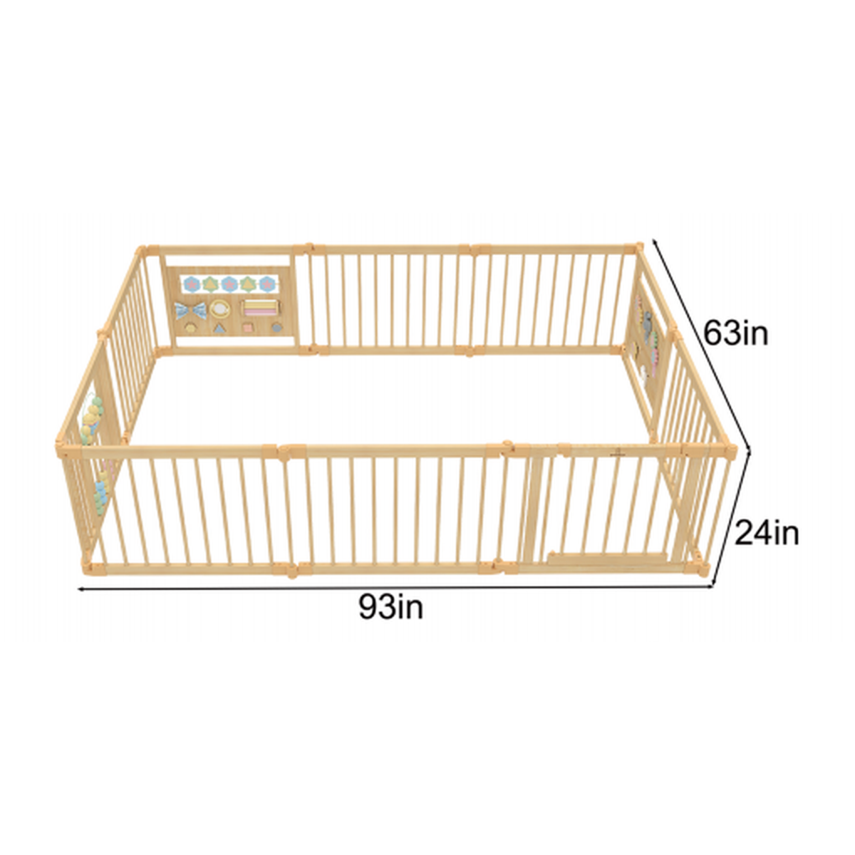 Avenlur 10-panel wooden baby playpen with sensory activity panels, 93 x 63 x 24 inch dimensions diagram