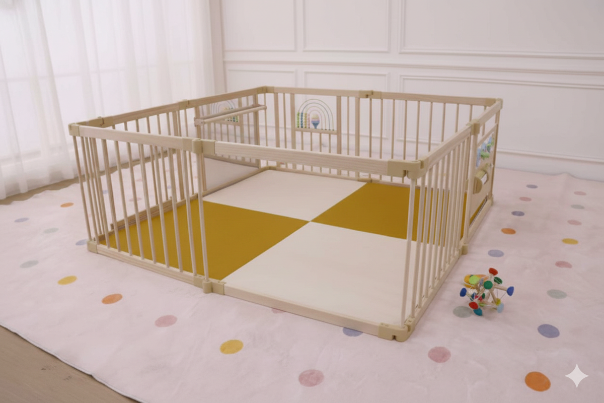 Avenlur checkered playpen mat under the wooden playpen with toys