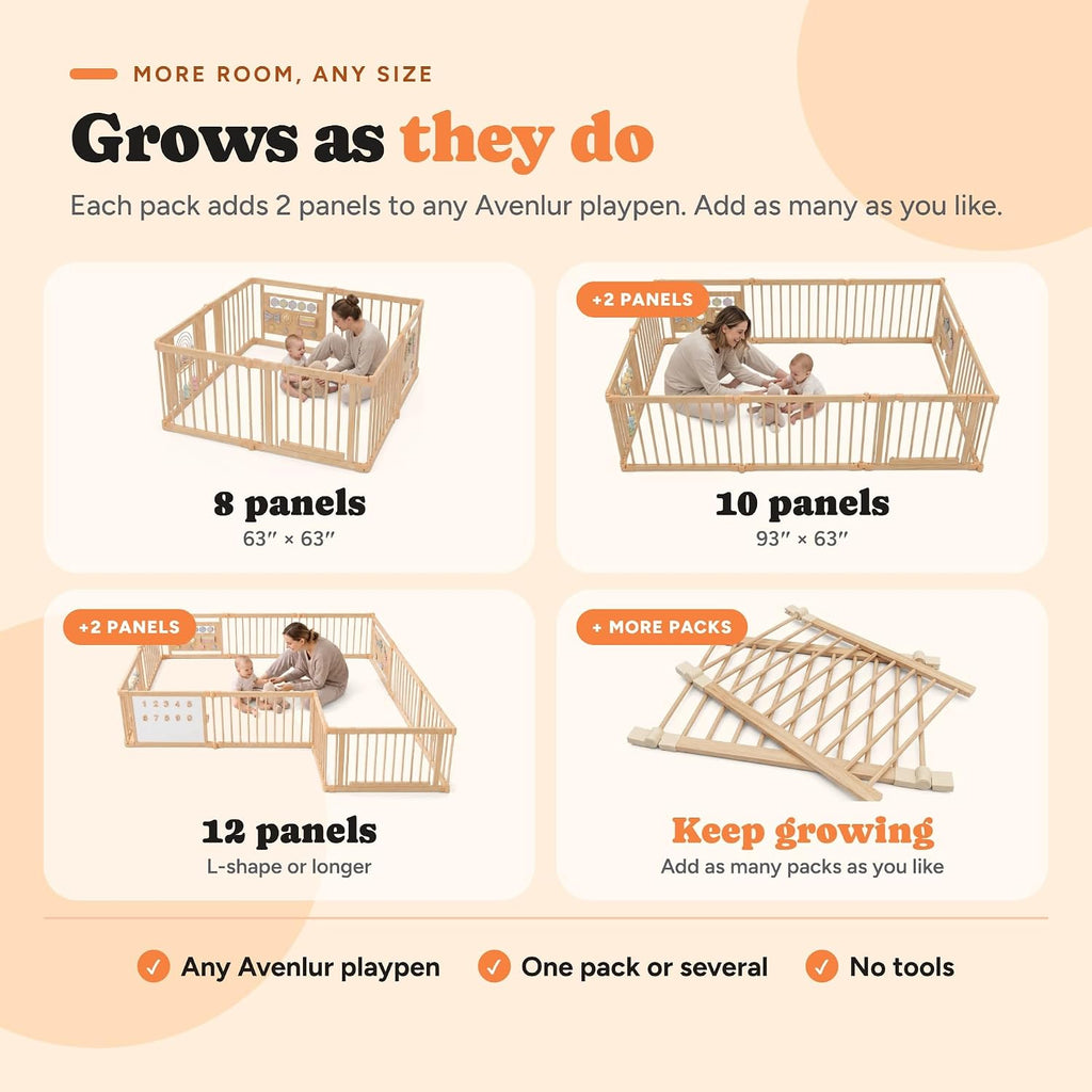 Avenlur playpen layouts growing from 8 to 10 to 12 panels as baby grows