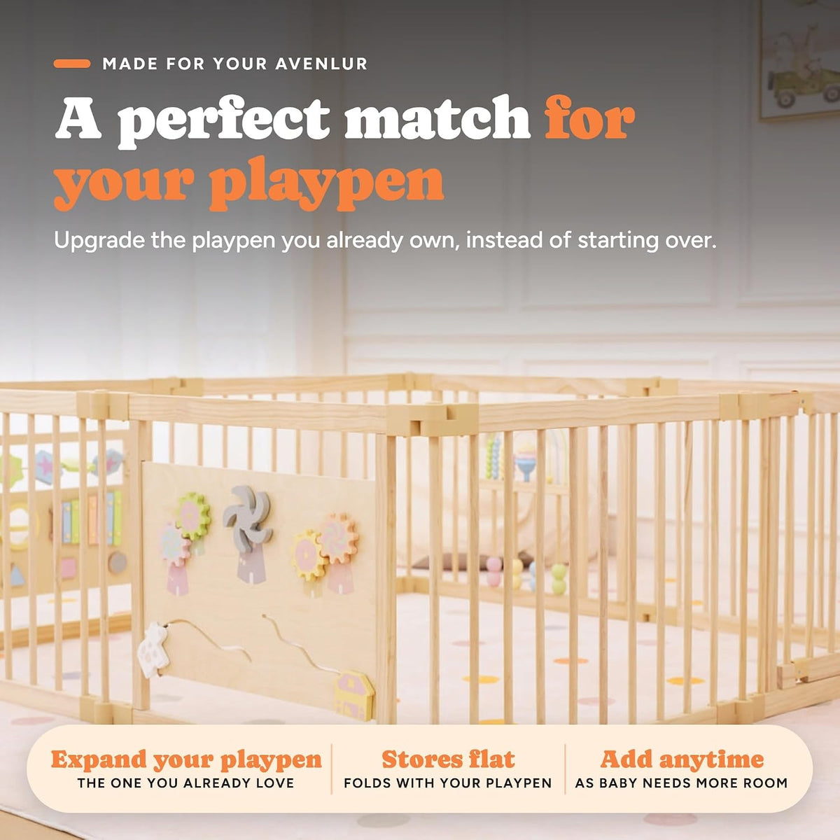 Avenlur extension panels matching the height and finish of the original playpen