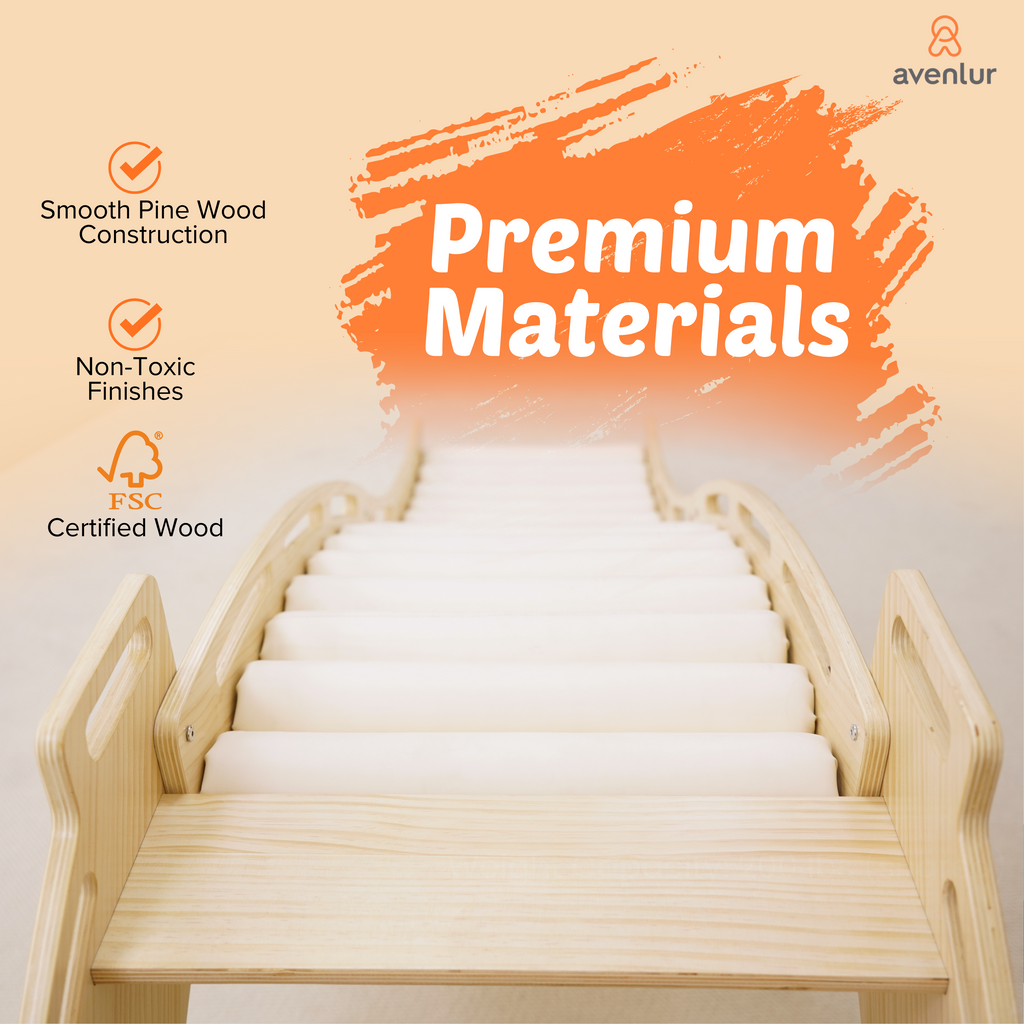 Avenlur indoor wooden roller slide flipped into rocker mode for balance and rocking play