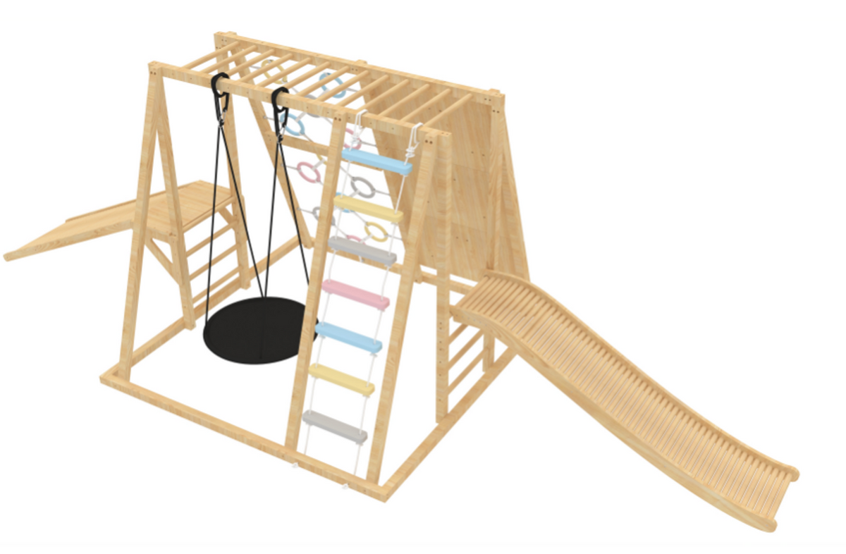 Avenlur wooden roller slide on the Sweetgum XL indoor playset