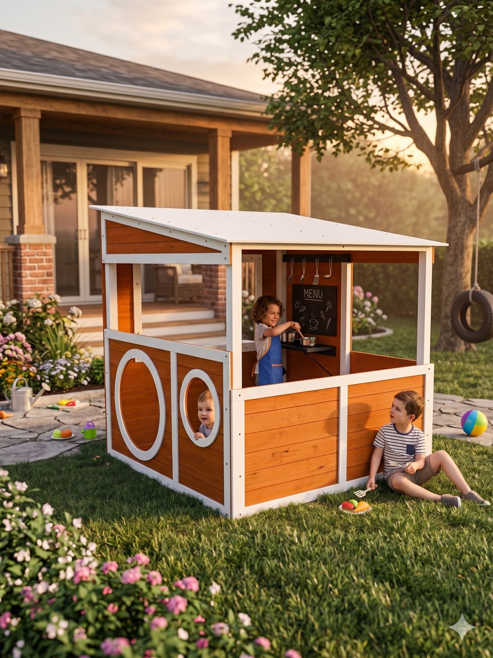 Avenlur Saffron backyard playhouse with kitchen and chalkboard menu