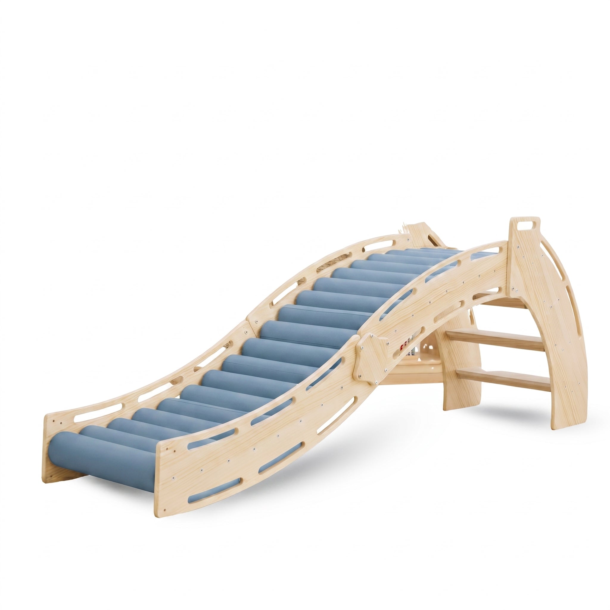 Avenlur Sensory Roller Slide and Rocker Combo in blue with birchwood frame and soft blue foam rollers for indoor sensory play