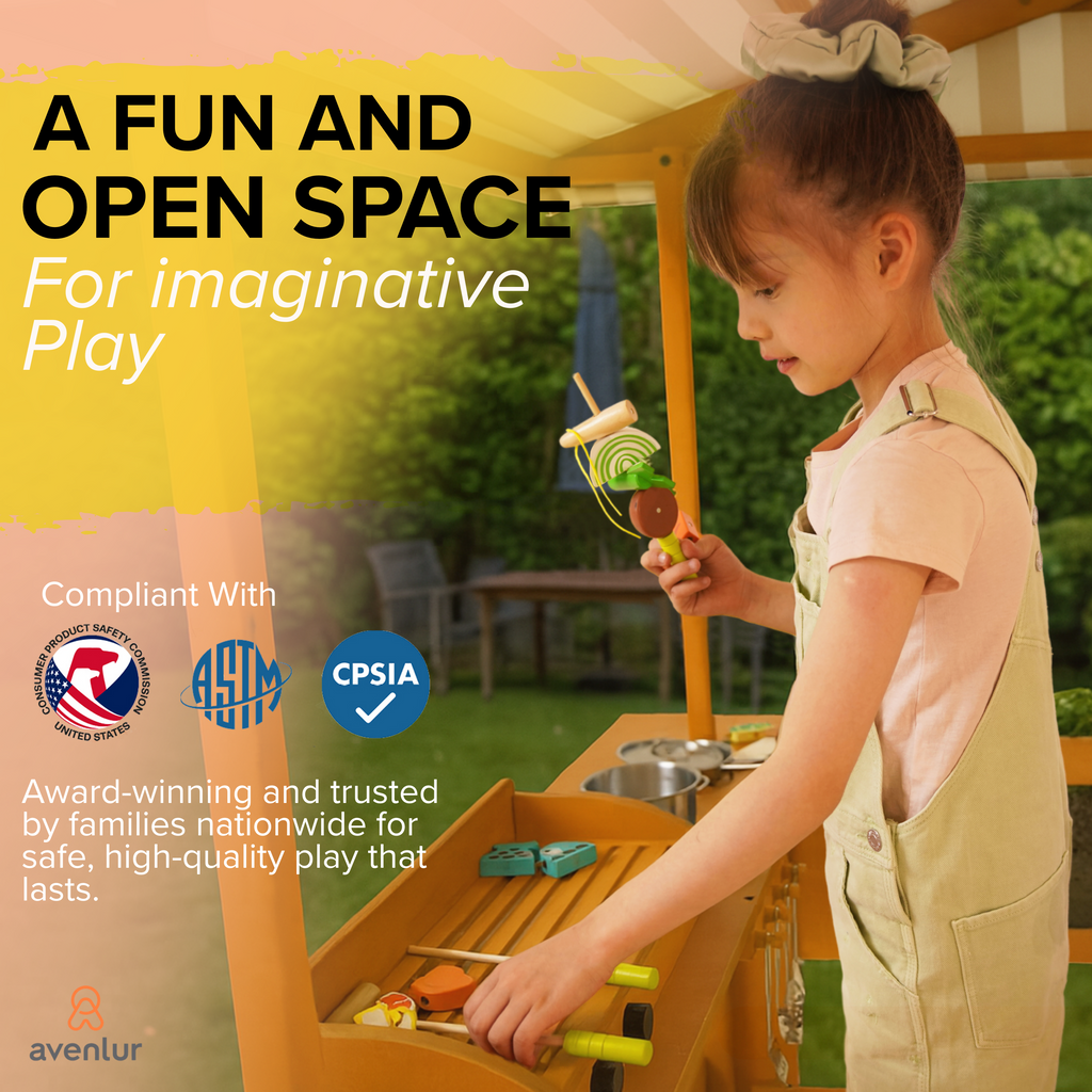 Avenlur Sumac outdoor play station features: market, planter, mud kitchen and grill