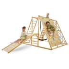 Kids climbing the rock wall and sliding down the ramp on the Avenlur Sweetgum 8-in-1 indoor wooden playset