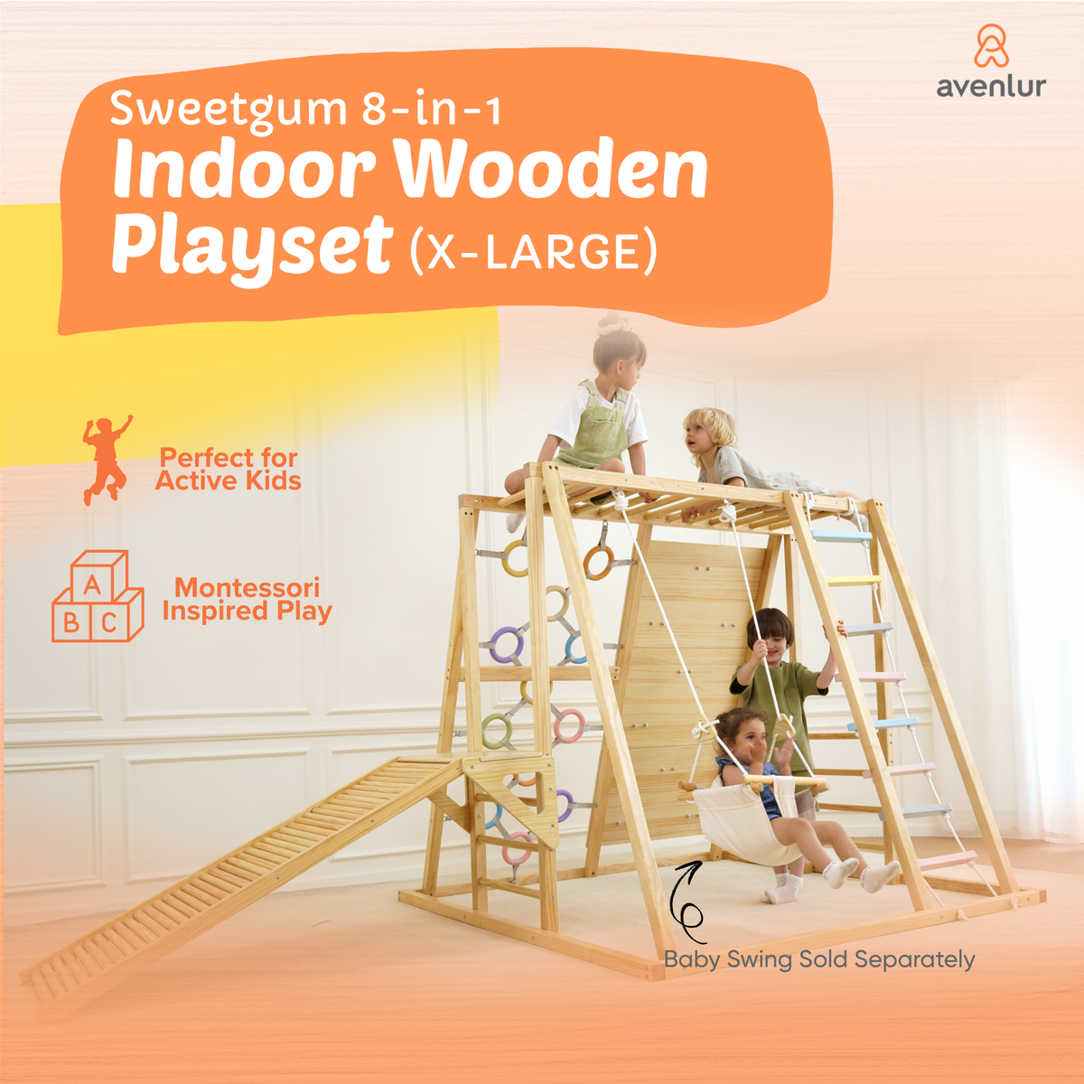 Avenlur Sweetgum XL wooden indoor playset in a playroom