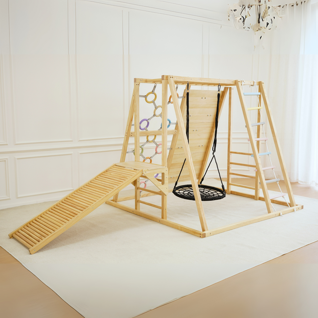 Kids playing on the Avenlur Sweetgum XL indoor playset