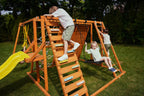 Avenlur Sycamore Jumbo kids playground with double climbing wall, wave slide and trapeze bar