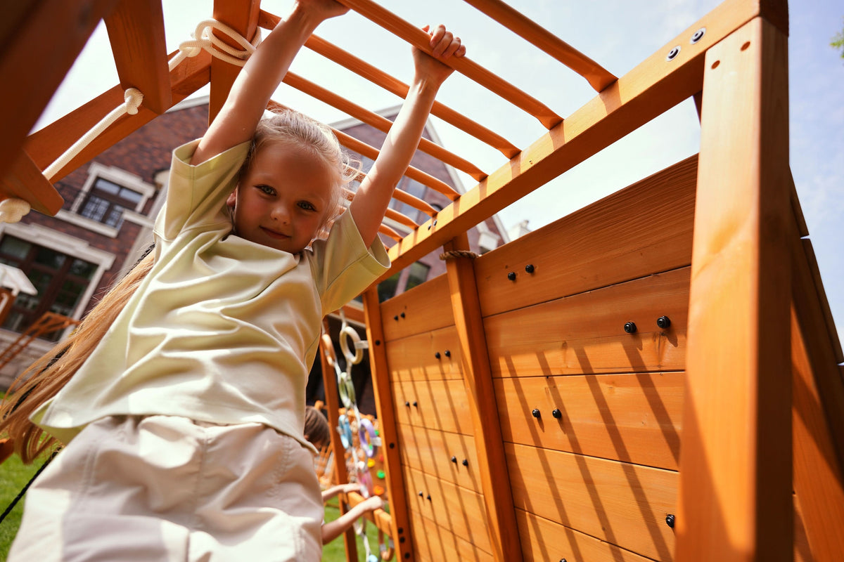 Avenlur Sycamore Jumbo kids swing set with monkey bars and double climbing wall