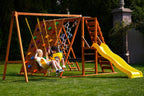 Avenlur Sycamore Jumbo outdoor wooden climbing frame with rock wall and wave slide