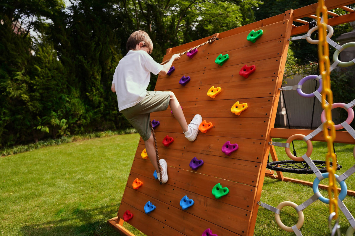 Avenlur Sycamore Jumbo wooden play structure with monkey bars, slide and swings