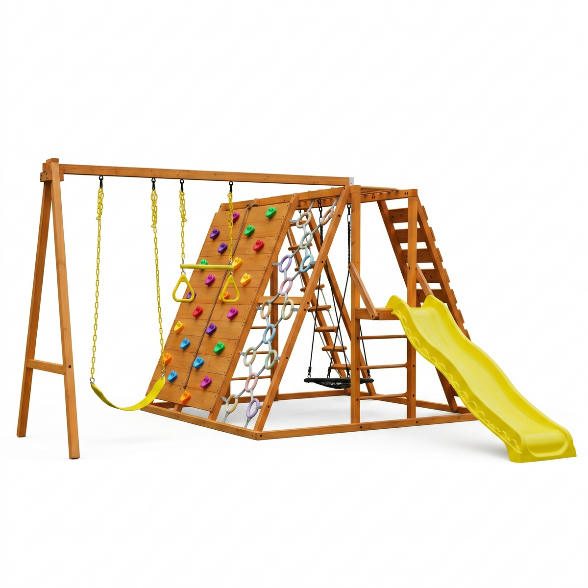 Avenlur Sycamore Jumbo wooden swing set with climbing frame, wave slide and two swings