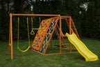 Side view of the Avenlur Sycamore Jumbo wooden swing set and climbing jungle gym in a backyard
