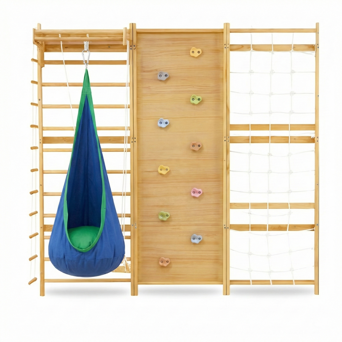 Avenlur teardrop swing attached to a climber in the playroom