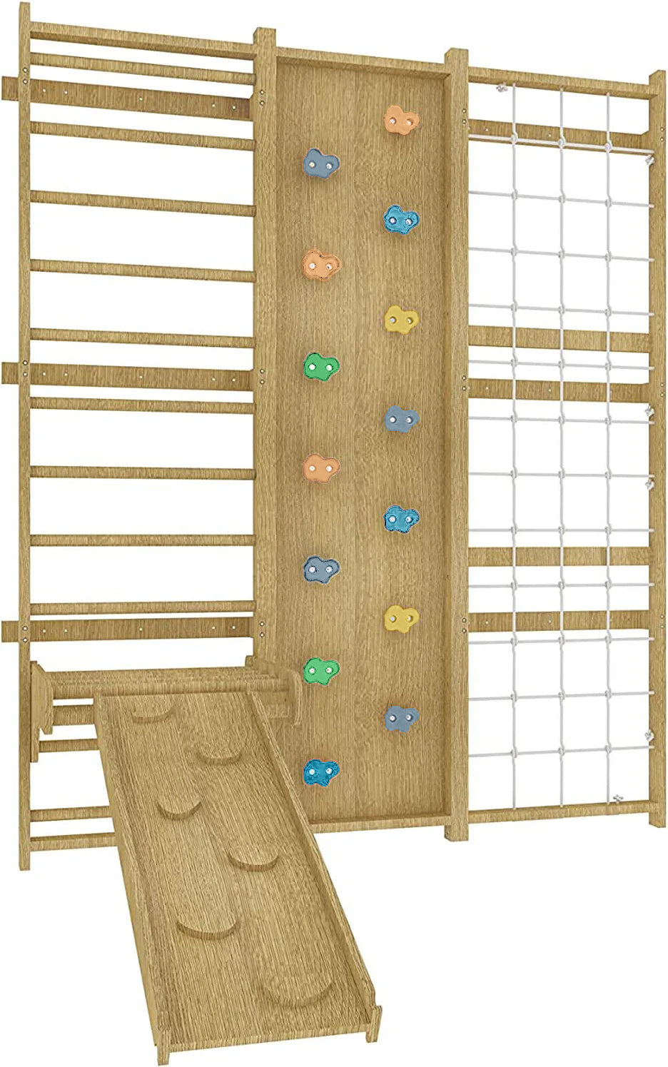 Avenlur Walnut 9-in-1 wall climber with rings, swing and rope ladder