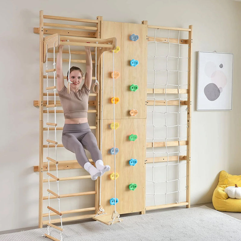 Avenlur Walnut indoor climbing wall with colorful climbing holds