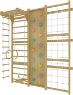 Avenlur Walnut indoor playset features: Swedish ladder, climbing wall and slide