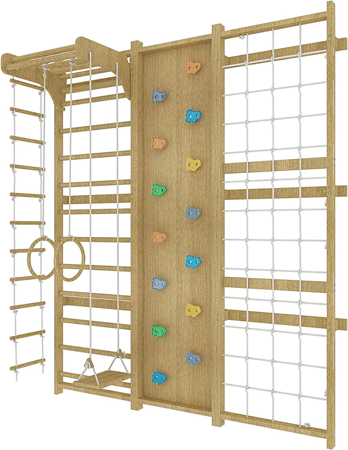 Avenlur Walnut indoor playset features: Swedish ladder, climbing wall and slide